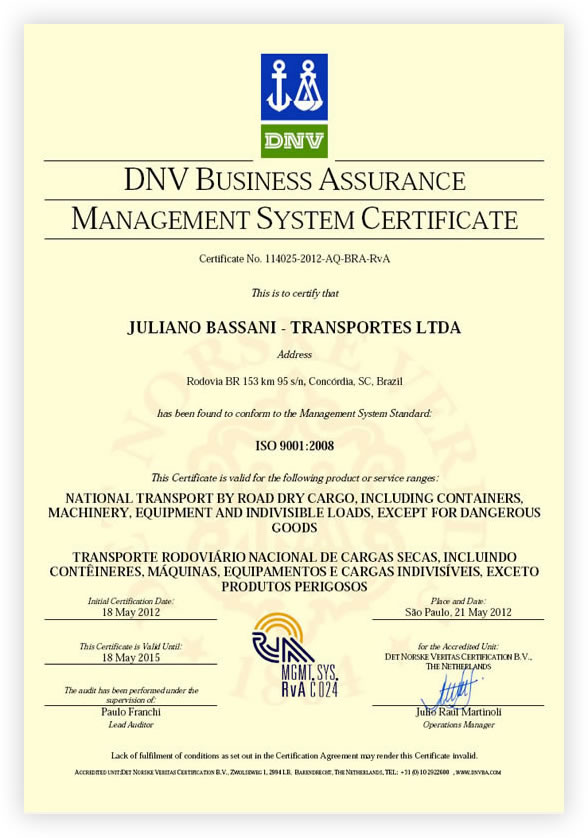 Certificado Transporte de Cargas